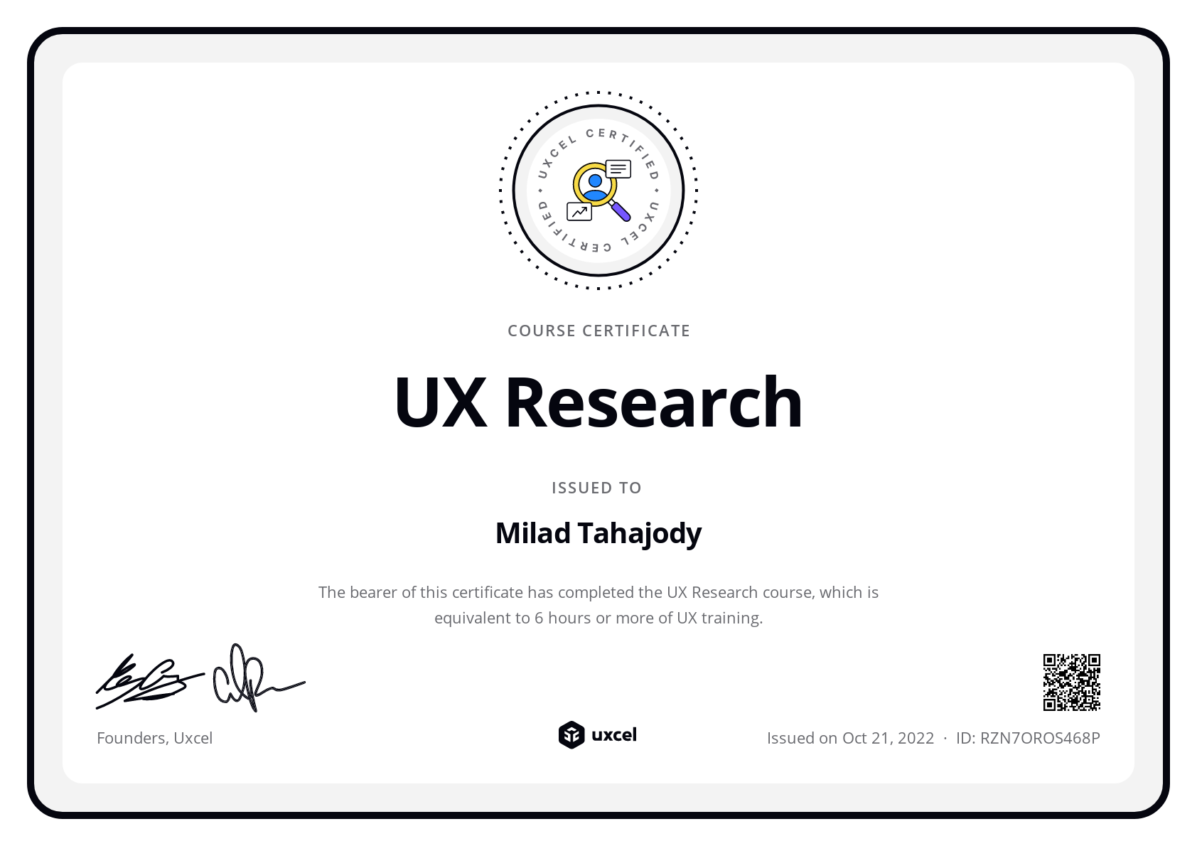 Milad Tahajody's certificate